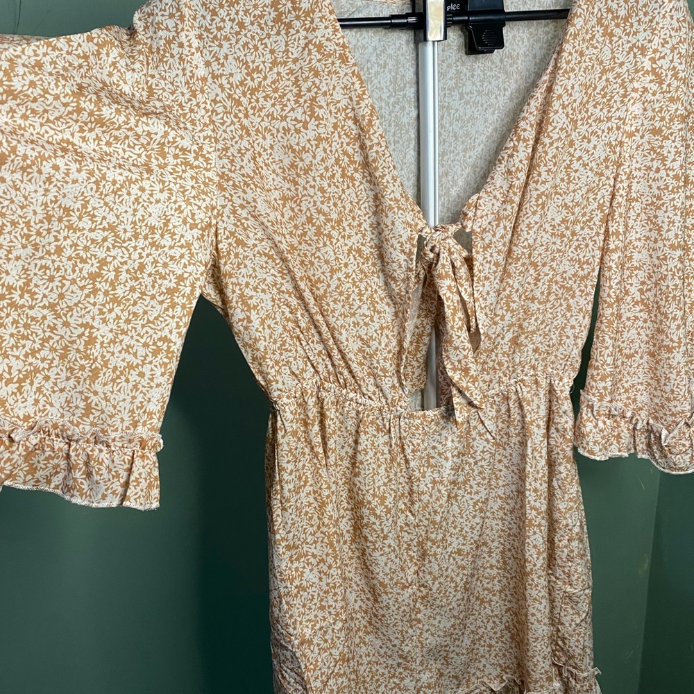 Simplee Apparel Cream and Tan Jumpsuit with Puff Sleeves